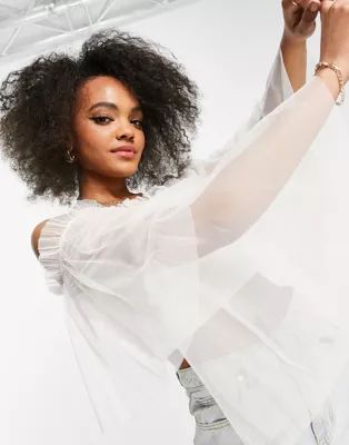 Anaya With Love tiered sleeve bardot top in white tulle | ASOS (Global)
