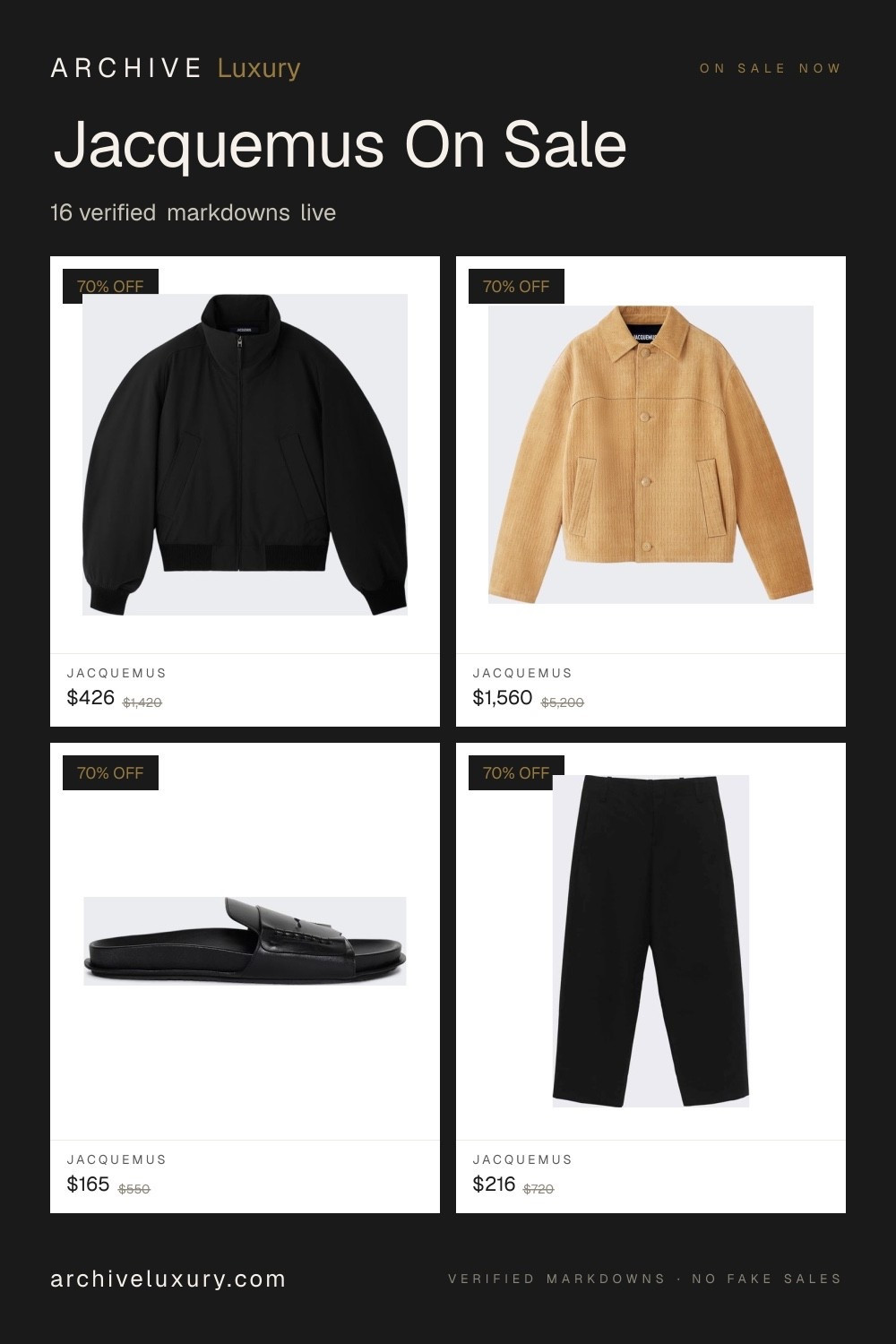 Jacquemus on sale right now — 16 verified markdowns across The Webster, SSENSE, Net-a-Porter.

Every price cross-checked against the retailer's own product page. Re-verified every 30 minutes.

Full Jacquemus sale on archiveluxury.com.

#jacquemus #jacquemussale #jacquemusonsale #designersale #luxurysale #salealert #archiveluxury #verifiedsale

#LTKSaleAlert #LTKActive #LTKootd