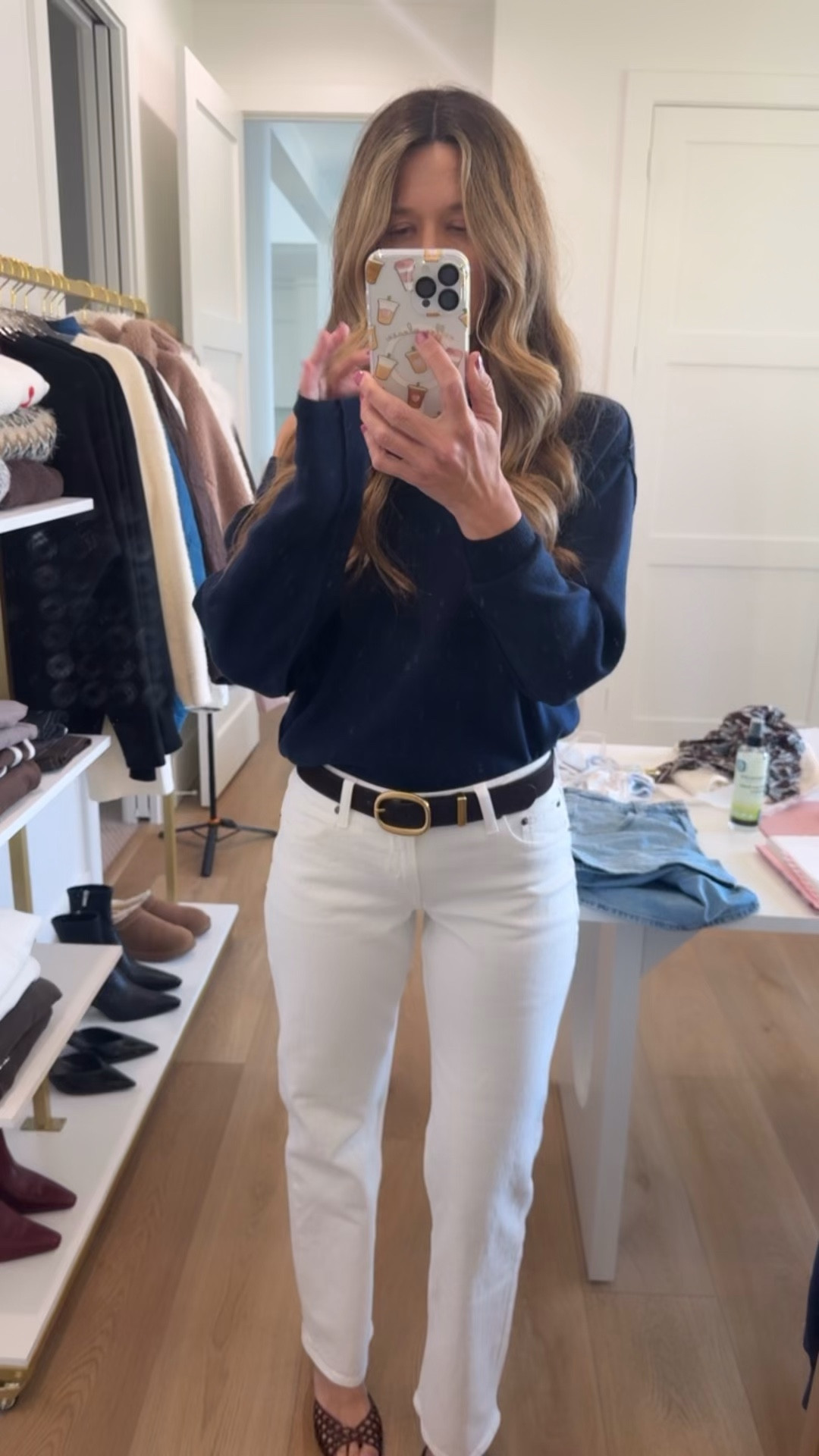 Saturday night date night outfit styling my
New white jeans (25) @abercrombie and chocolate brown jelly heels (8) 
Sweater from south moon under and belt @Aritzia 

#LTKootd