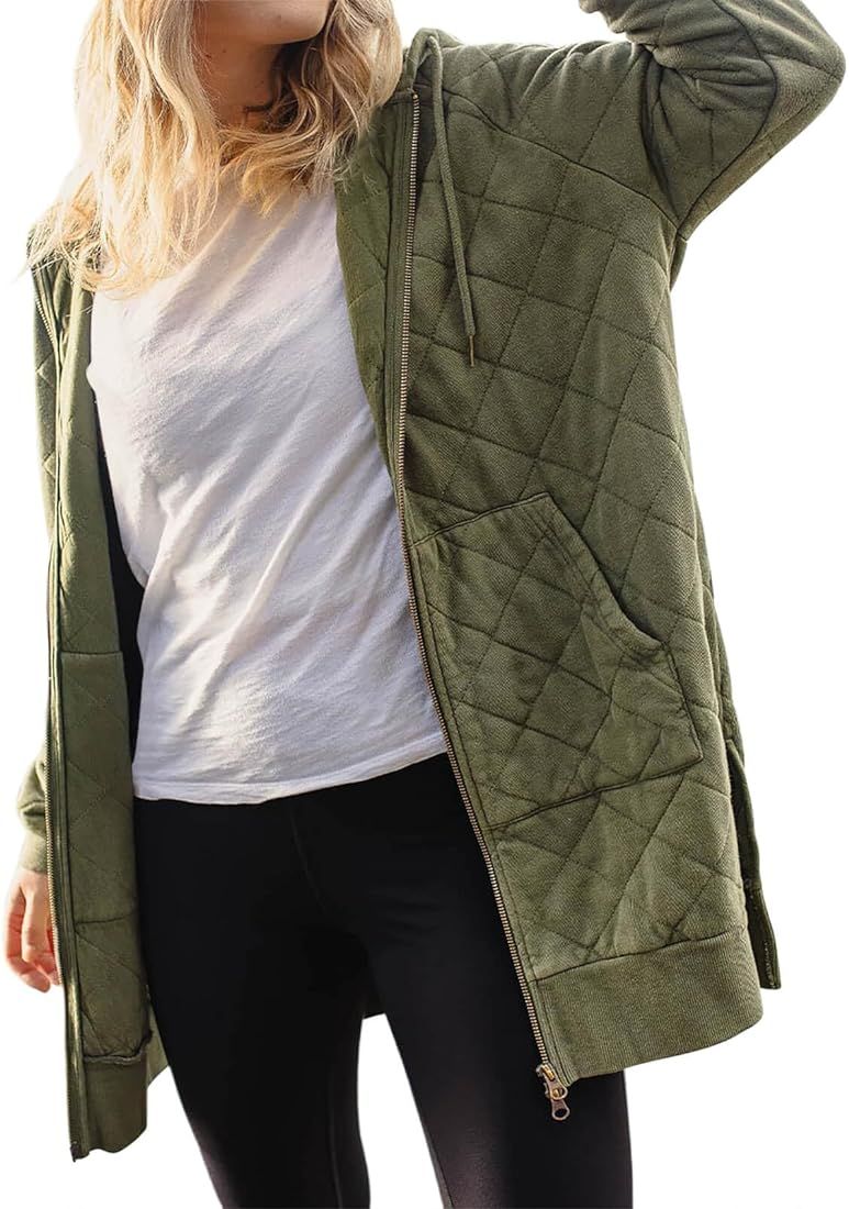 Saodimallsu Women's Quilted Full Zip Hoodie Long Sleeve Sweatshirts Split Hem Coat with Pockets | Amazon (US)