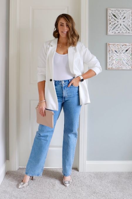 Check out this lighter professional and casual outfit for work or play!

White blazer, oversized blazer, white bodysuit, Apple Watch, Abercrombie denim, Abercrombie jeans, Spring trends, new denim, work outfit, snake skin heels, wristlet, pointed toe heels, tall women fashion, tall girl fashion, tall jeans for women

Blazer - large
Bodysuit - medium 
Denim - 29 long
Shoes - 11

#LTKstyletip #LTKworkwear #LTKmidsize