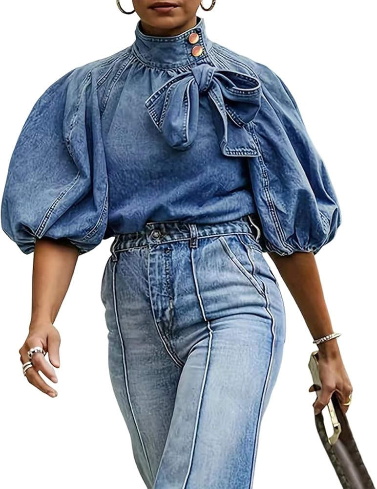 Women's Bow Design Denim Pullover Top Button Up High Neck Fashionable Jacket with Elastic and Puf... | Amazon (US)