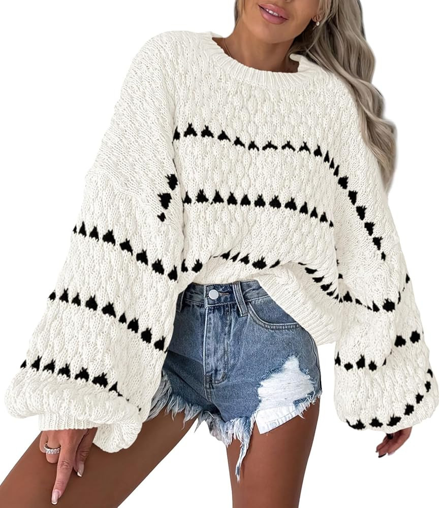 Okiwam Womens Fall Sweaters 2024 Long Sleeve Crew Neck Striped Color Block Pullover Loose Chunky ... | Amazon (US)