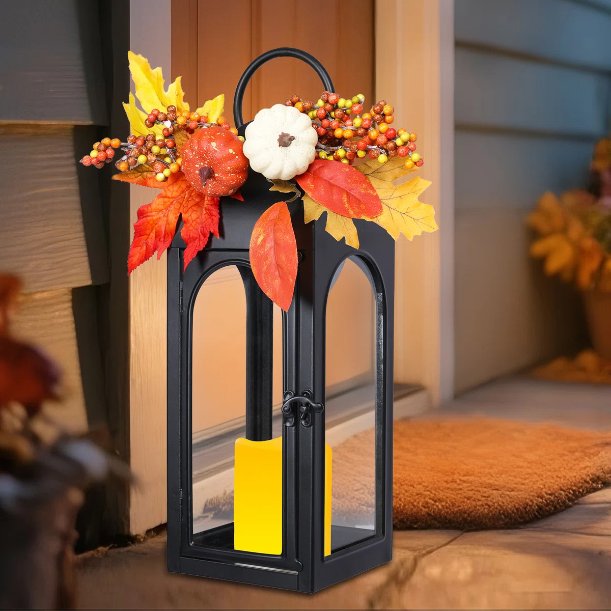 WONDER garden 2 Piece  Black Metal Lantern Set With Removable Fall Foliage, Pumpkin & Berry Decor With Flameless Pillar Candles \u2013 Led Candle - Lit Decorations For Seasonal Indoor/outdoor Use,thanksgiving Decor & Reviews | Wayfair | Wayfair North America