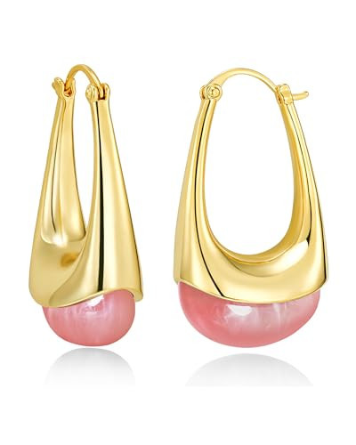 Long Oval Chunky Dangle Gold Hoops with Colored Resin Gemstone Statement Earrings for Women by SNGIA, (Green, Brown, Light blue, Dark Blue, Pink, Purple), Bold Drop Handmade Exaggerated Irregular Trendy Bohemian Jewelry Gifts, Unique Dangling Teardrop Baroque Stone Summer Beach Fashion Earrings Accessories, Round Vintage Thick Circular Nickle Free Huggies Hoop Earrings. (Yellow Gold, Rose) | Amazon (US)