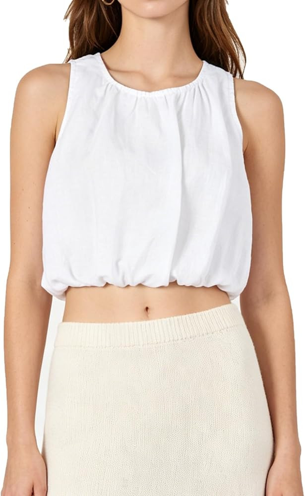 Amazhiyu Womens 100% Linen Bubble Hem Crop Tank Tops Crewneck Sleeveless Blouses | Amazon (US)