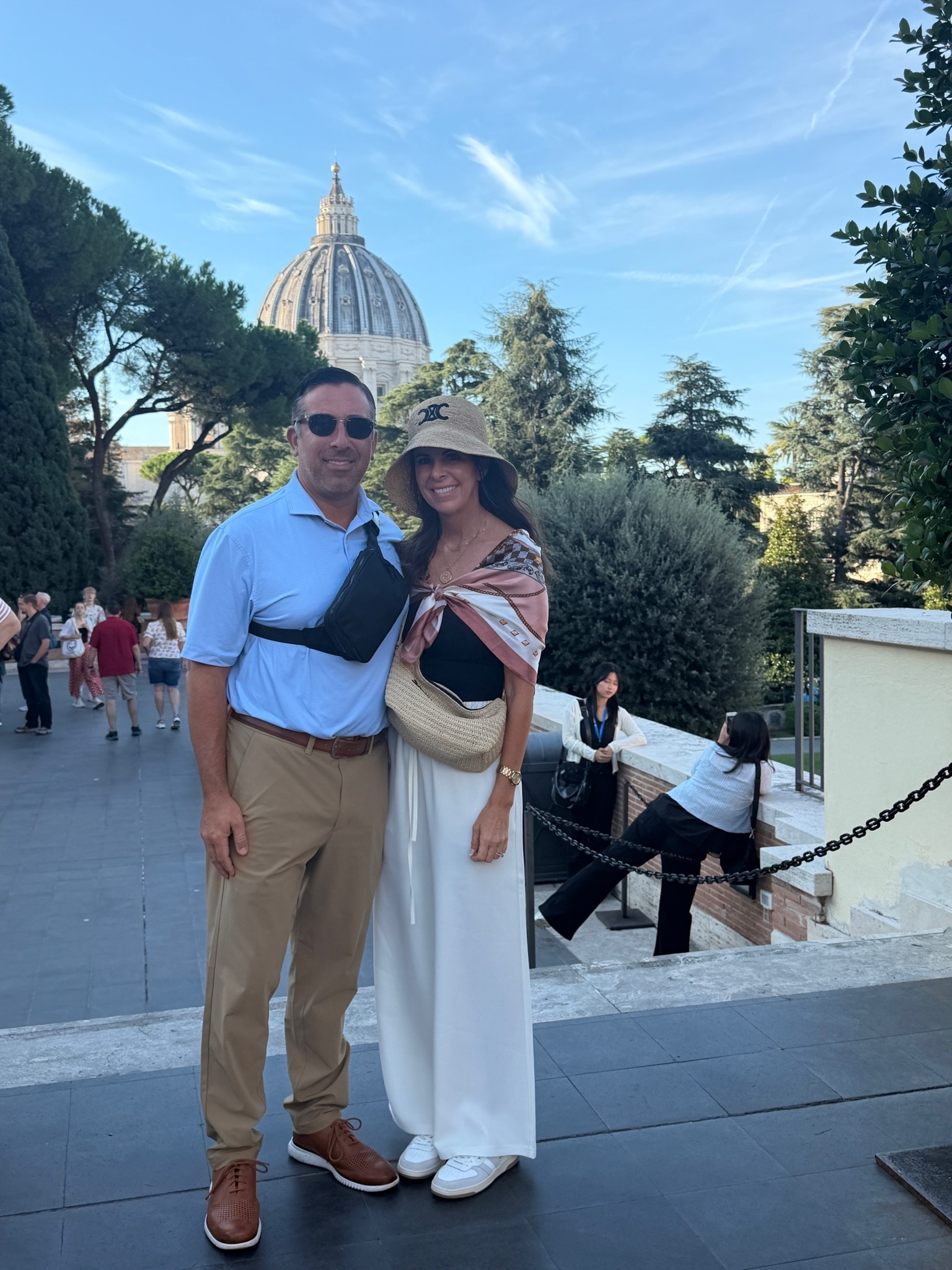 Vatican day 🇮🇹🤍 A lightweight, easy Italy outfit with wide-leg pants, a simple black top, and a scarf over my shoulders for visiting the Vatican. Finished with sneakers because comfortable shoes are a must for exploring Rome!

#LTKgrwm #LTKootd #LTKOver40