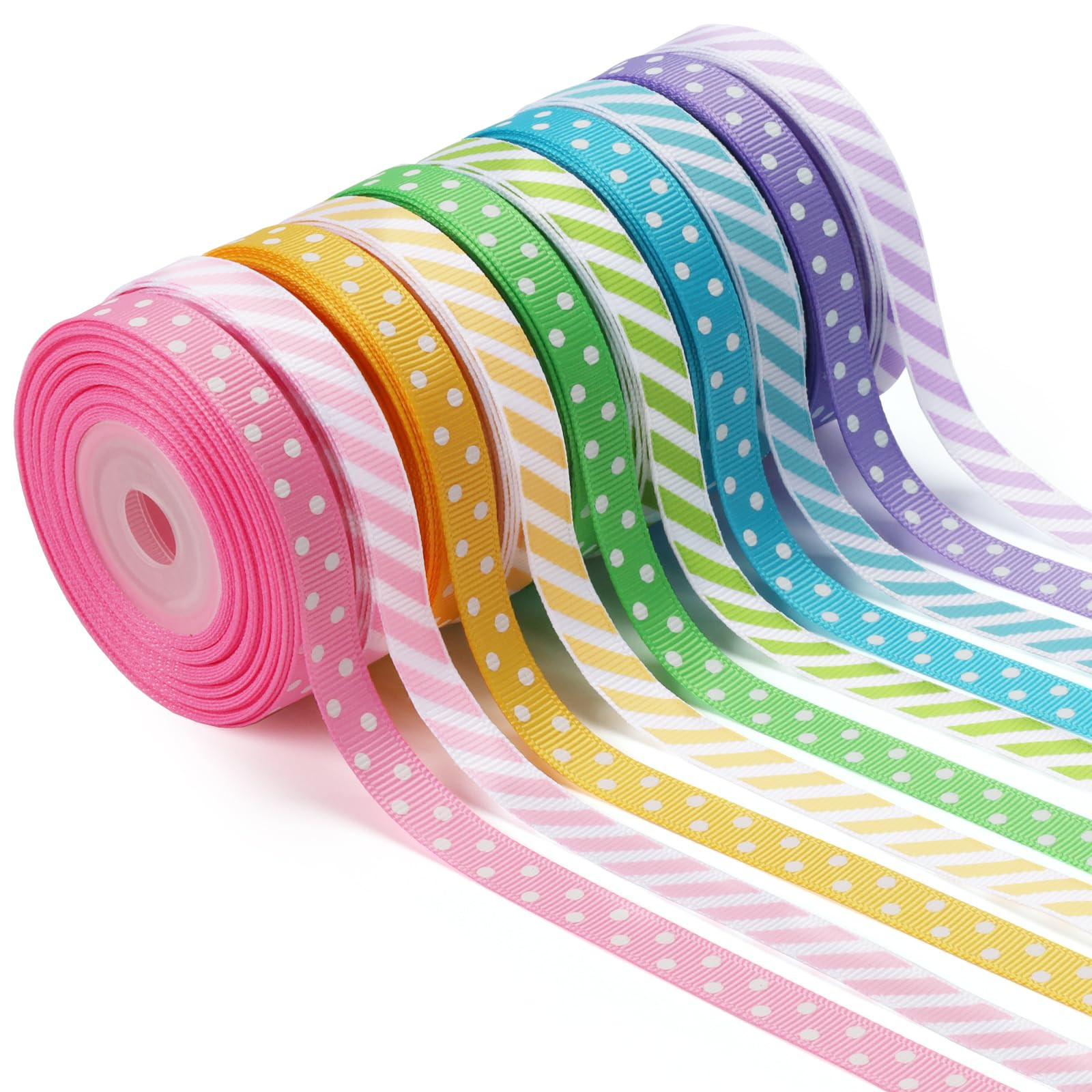 LaRibbons 3/8 Inch 100 Yards Grosgrain Ribbon Set 10 Yd/Roll 10 Rolls Striped and Polka Dot Sprin... | Amazon (US)