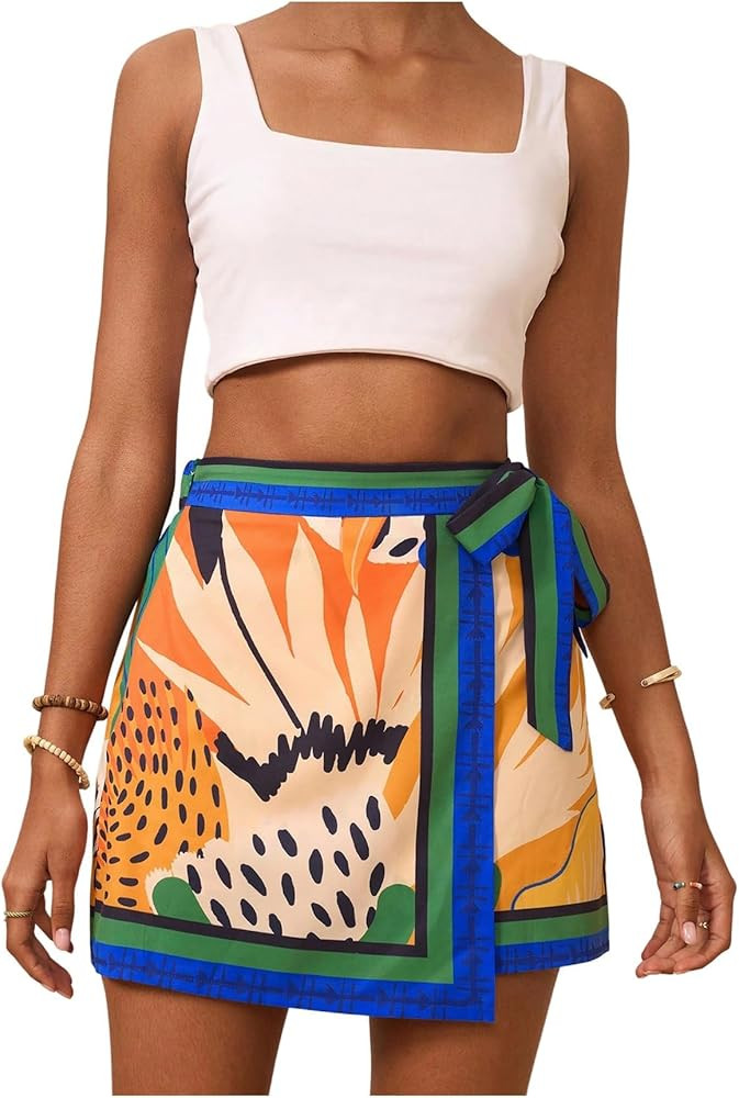 Milumia Women's Floral Knot Side Wrap Skirt High Waist Contrast Binding A Line Mini Skirts | Amazon (US)