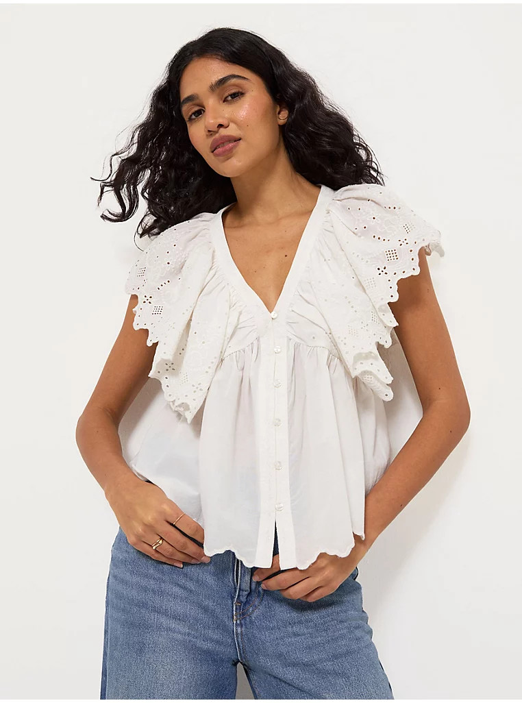 White Broderie Frilled Sleeve Blouse | George