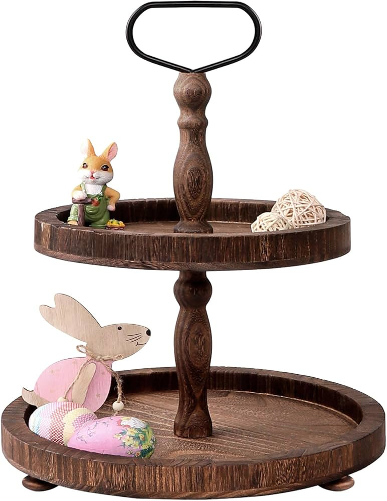 2 Tiered Tray, Rustic Round Farmhouse Style Decorative Tray, Dessert Stand Kitchen Island Decor, ... | Amazon (US)