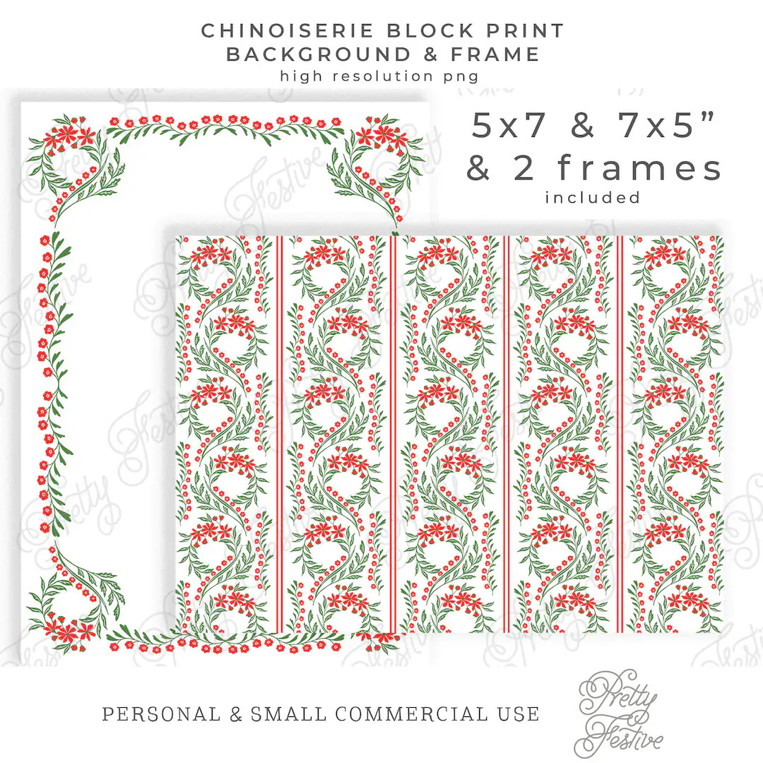 Christmas Chinoiserie Block Print & Frame 7x5, Watercolor Red and Green Printable Border Backgrou... | Etsy (US)
