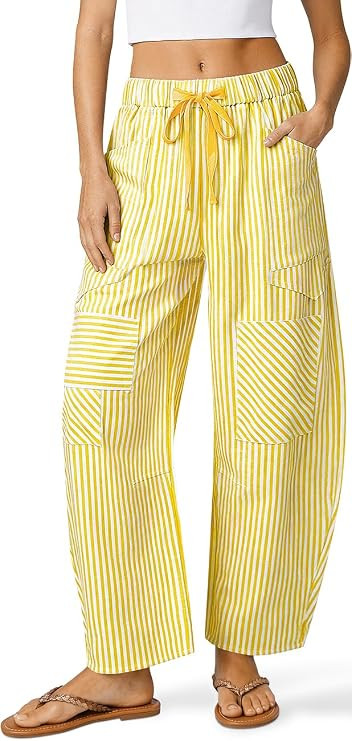 TARSE Women's Striped Linen Barrel Pants Wide Leg Drawstring Baggy Summer Beach Lounge Pants with... | Amazon (US)