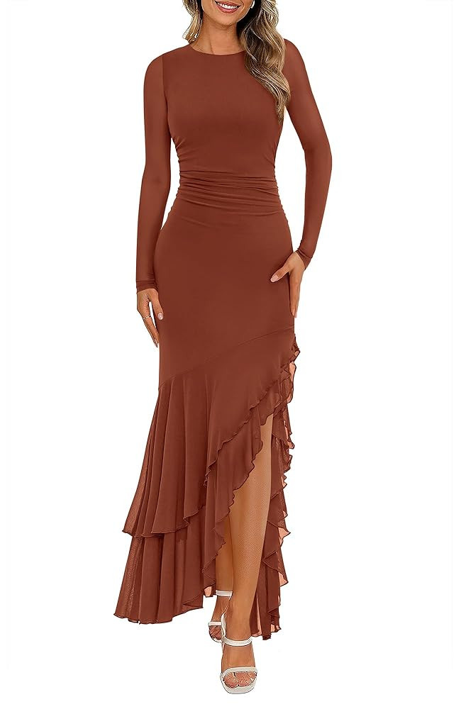 BTFBM Women's Maxi Dresses Fall 2025 Long Sleeve Ruched Bodycon Solid Ruffle Mermaid Cocktail Wed... | Amazon (US)