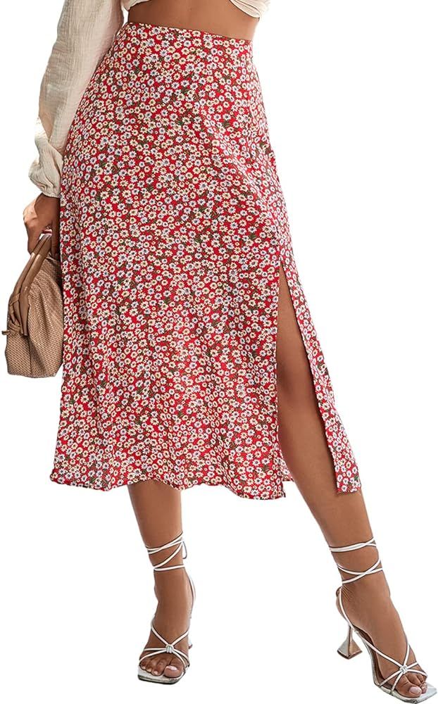 LYANER Women's Casual Boho Printed High Waist Side Split Hem Zipper Midi Skirt | Amazon (US)