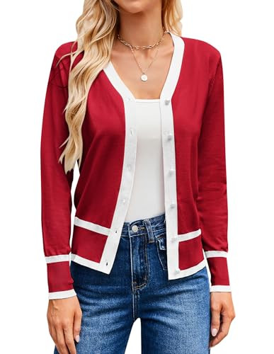 GRACE KARIN Red Cardigan Sweater for Women Lightweight Open Front Fall Cardigan Sweaters for Women (Red White,2XL) | Amazon (US)