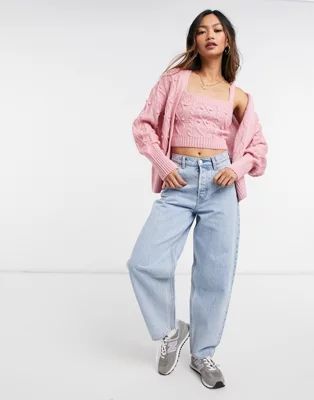 River Island cable knit cardigan and bralet set in pink | ASOS (Global)