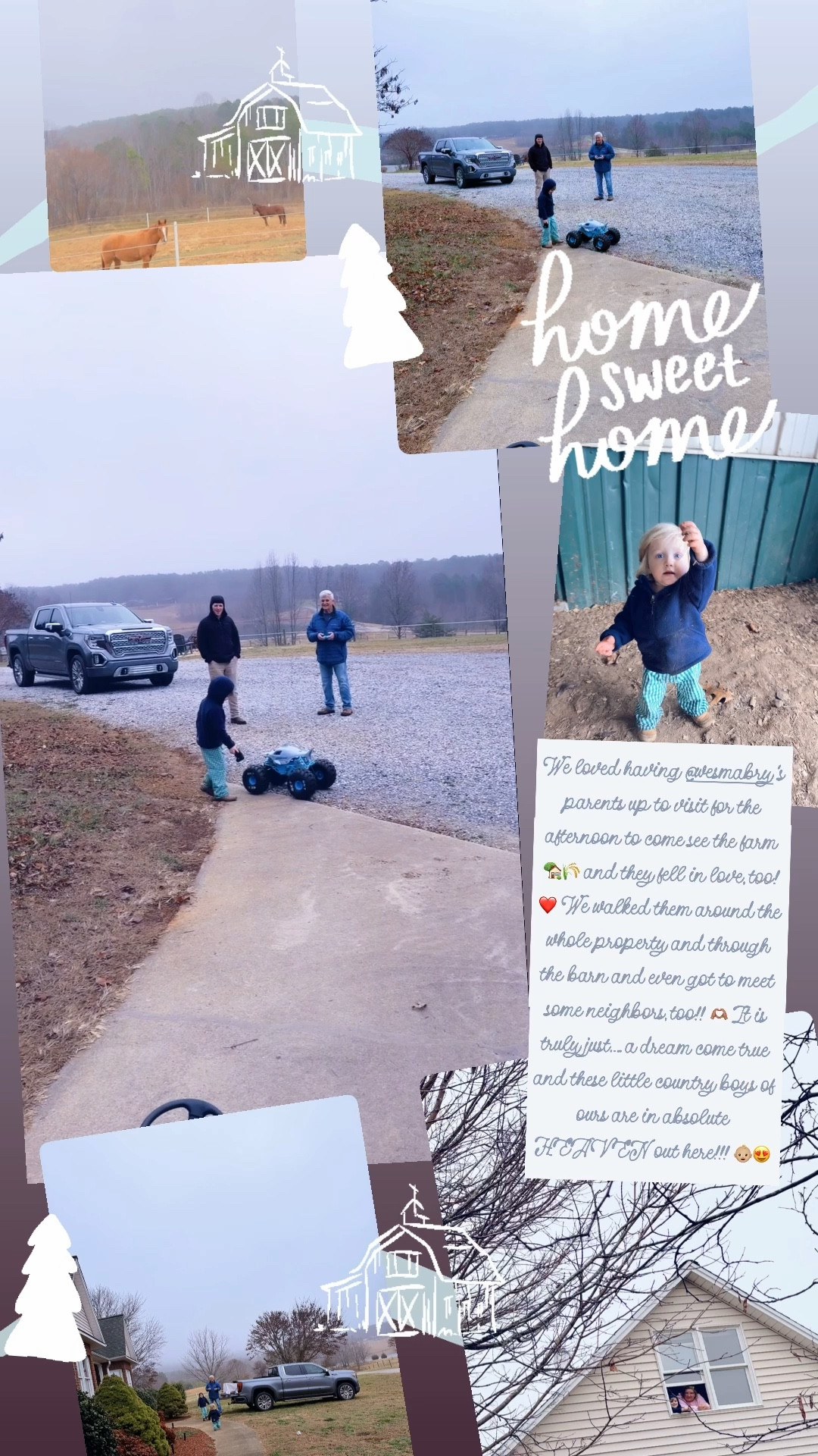 We loved having @wesmabry ‘s parents up to visit for the afternoon to come see the farm 🏡🌾 and they fell in love, too! ❤️ We walked them around the whole property and through the barn and even got to meet some neighbors, too!! 🫶🏽 It is truly just….. a dream come true and these little country boys of ours are in absolute HEAVEN out here!!! 👶🏼😍