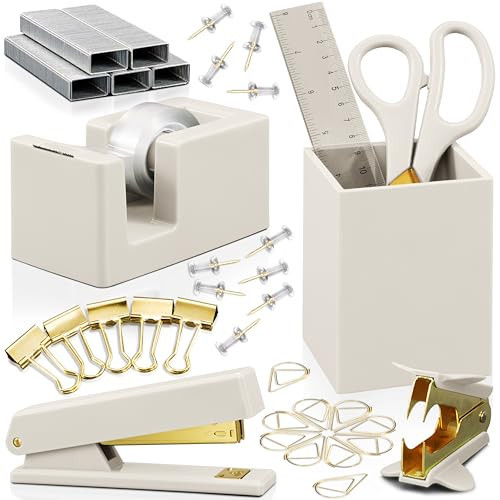 Aesthetic Desk Accessories Set - A Complete Desktop Organizer Set For Women Enhances Any Office Decor - An Office Supplies Kit w Gold Finish incl. Pen Holder, Scissors, Stapler, Tape Dispenser & More | Amazon (US)