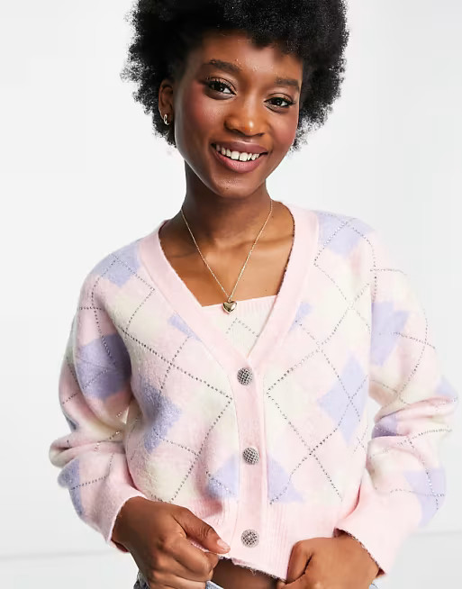 Miss Selfridge pink argyle diamond coordinating cardigan | ASOS (Global)