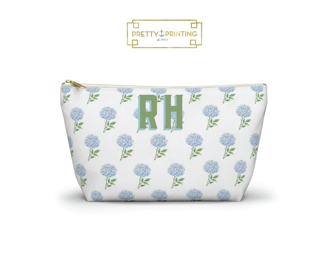 Monogrammed Cosmetic Catch All Bag Preppy Watercolor Blue - Etsy | Etsy (US)