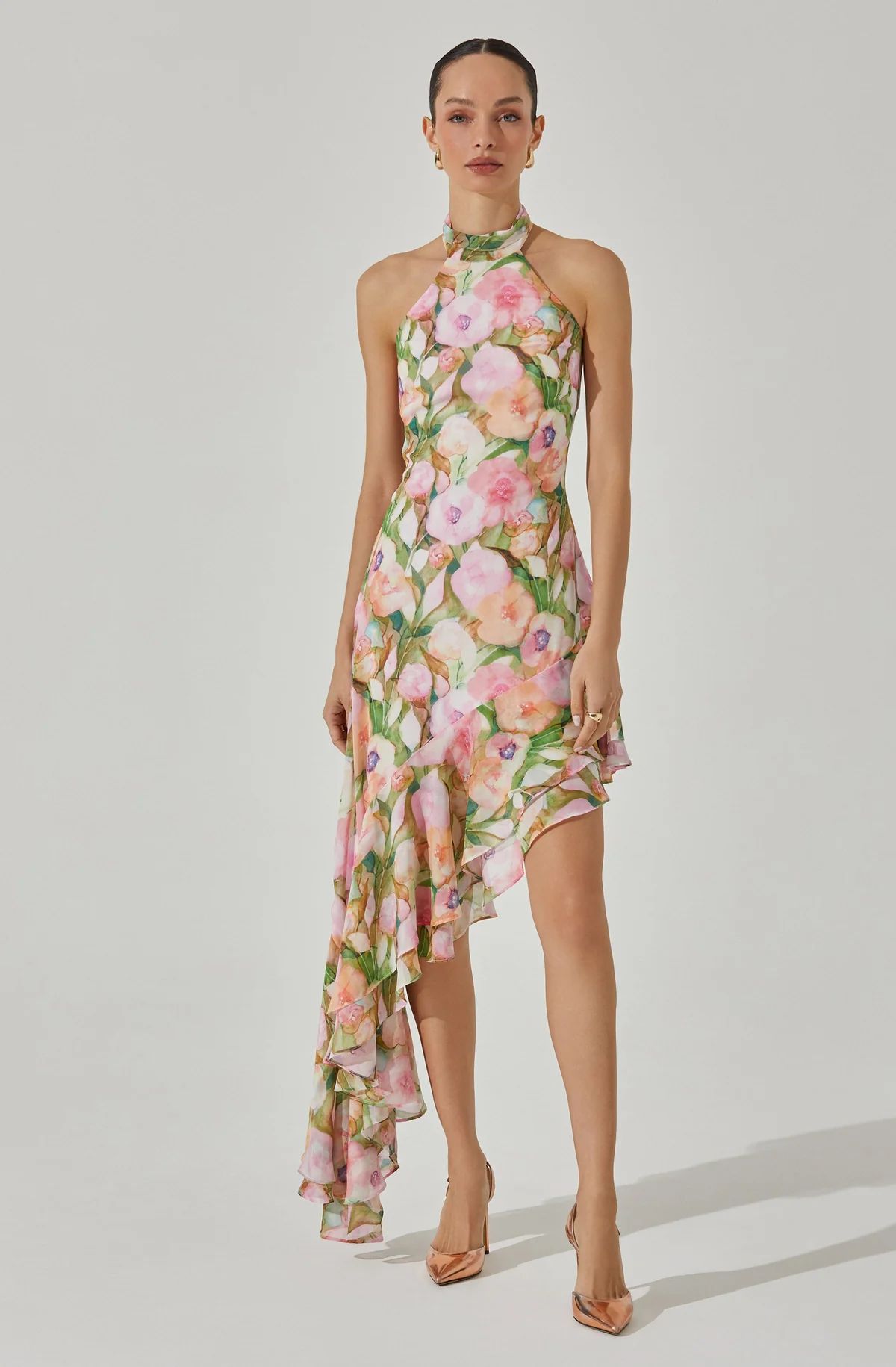 Asymmetric Floral Halter Midi Dress | ASTR The Label (US)