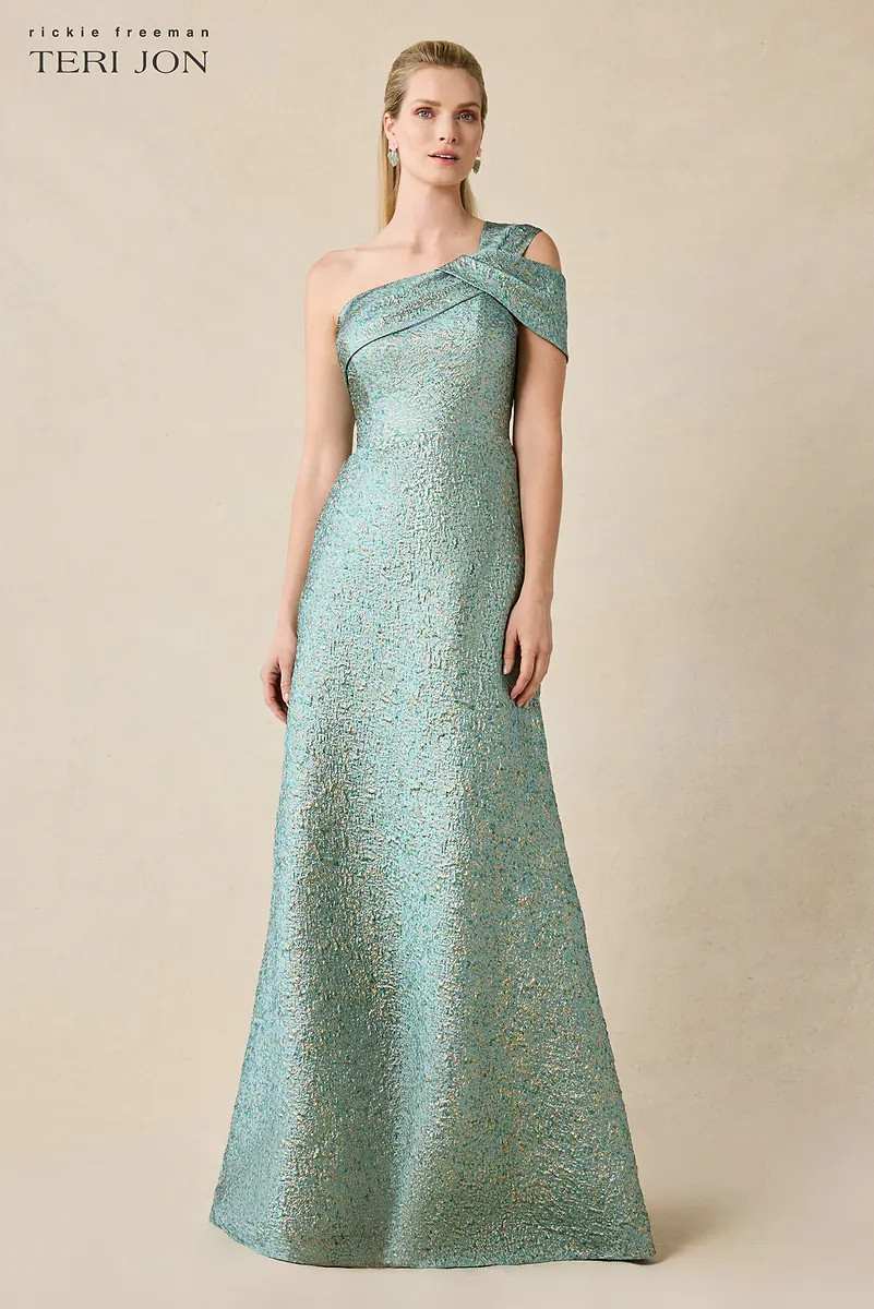 Metallic Jacquard Asymmetrical One Shoulder Evening Gown | TERI JON