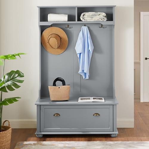 QIANYEWANG Classic Cosatal Style Hall Tree Entryway Bench with Open Shelves and Shoe Cabinets, Solid Wood Feet, Gray, 40" W*18.5" D*64.5" H | Amazon (US)