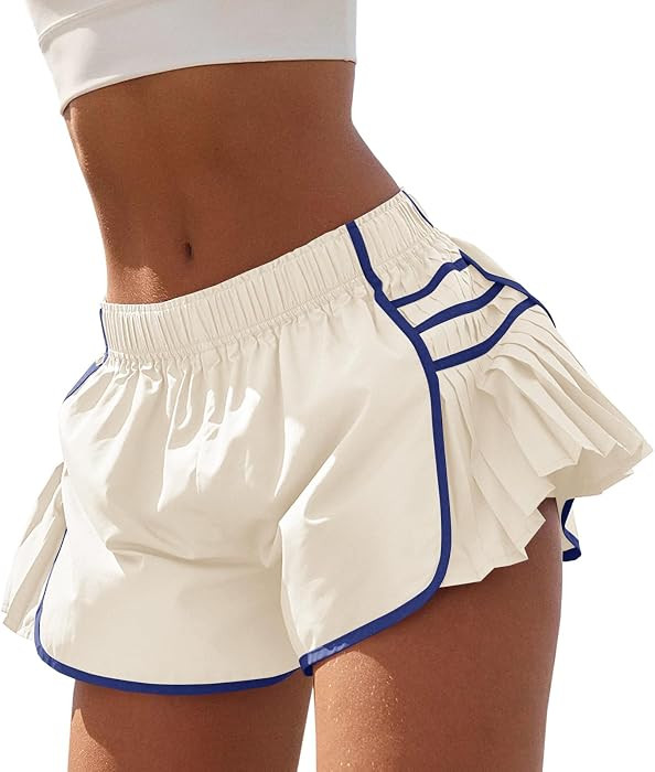 Fisoew Womens Workout Gym Shorts Running Pleated Contrast Stitch Elastic Waist Athletic Quick Dry... | Amazon (US)