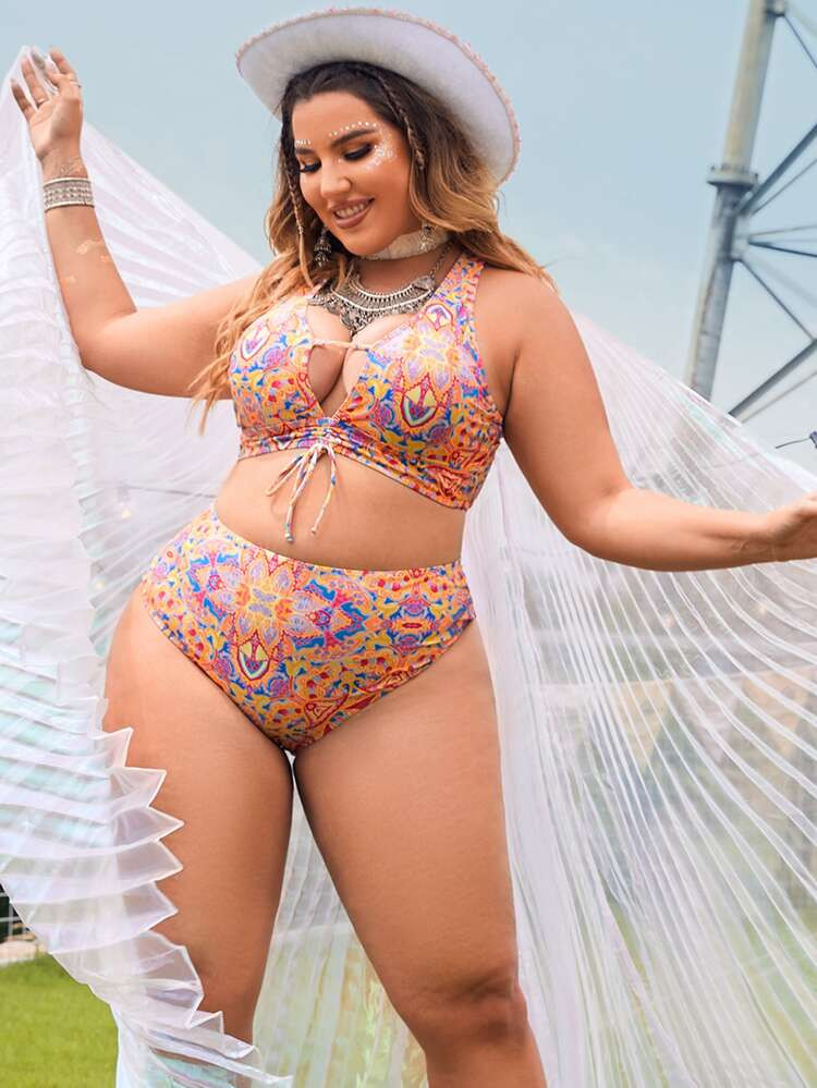 Plus Floral Print Drawstring Front High Waist Bikini Swimsuit | SHEIN