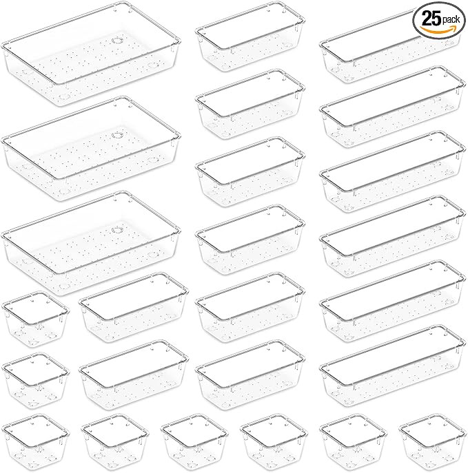 Lifewit 25 PCS Drawer Organizer Set Clear Plastic Desk Drawer Dividers Trays Dresser Storage Bins... | Amazon (US)