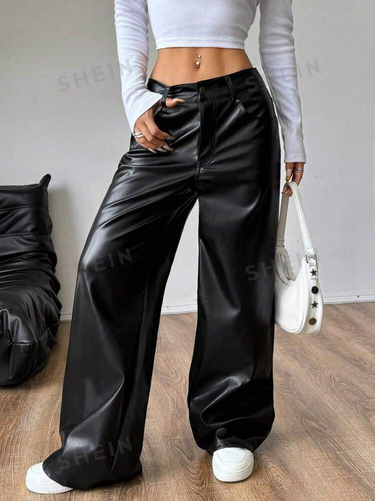SHEIN MOOSTA Women's Fashionable PU Leather Casual Straight-Leg Pants With Pockets | SHEIN