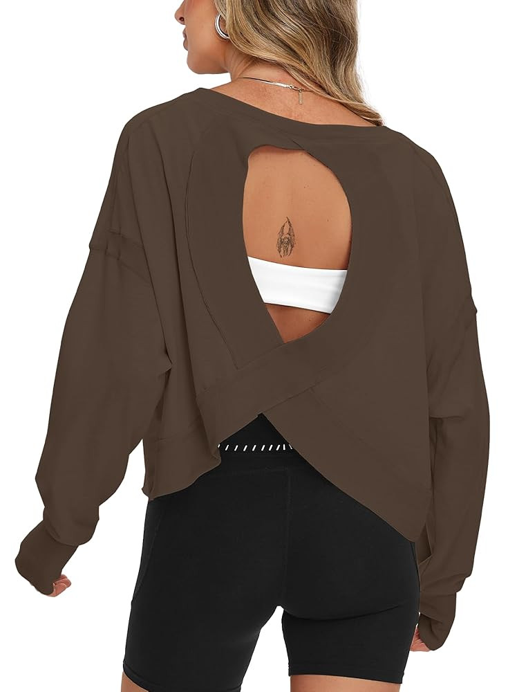 Darong Womens Open Back Workout Top Oversized Workout T Shirts Backless Athletic Shirt Long Sleev... | Amazon (US)