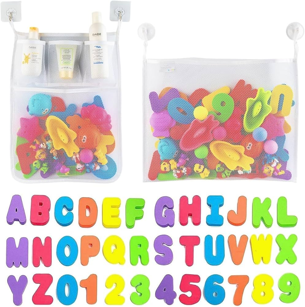 Comfylife 2 x Mesh Bath Toy Organizer + 6 Ultra Strong Hooks + 36 Bath Letters & Numbers – Eco-... | Amazon (US)