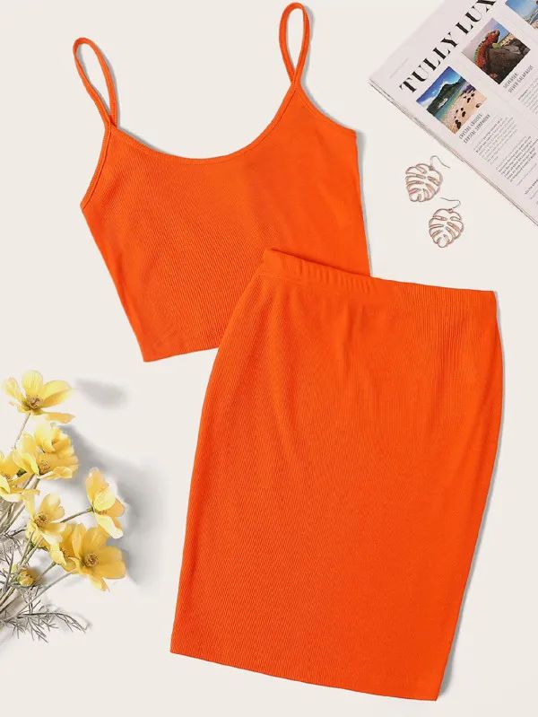 SHEIN Neon Orange Ribbed Cami Top & Skirt Set | SHEIN