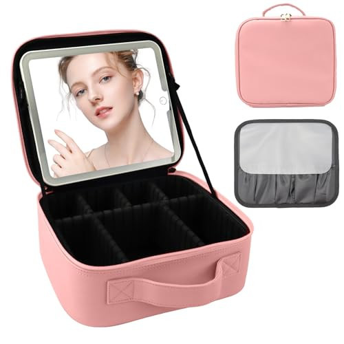 SUILU Travel Makeup Bag with LED Mirror Makeup Case with Light Up Mirror Portable Cosmetic Brush Organizer Bag with Adjustable Dividers for Cosmetics Makeup Brushes Toiletry (Pink) | Amazon (US)