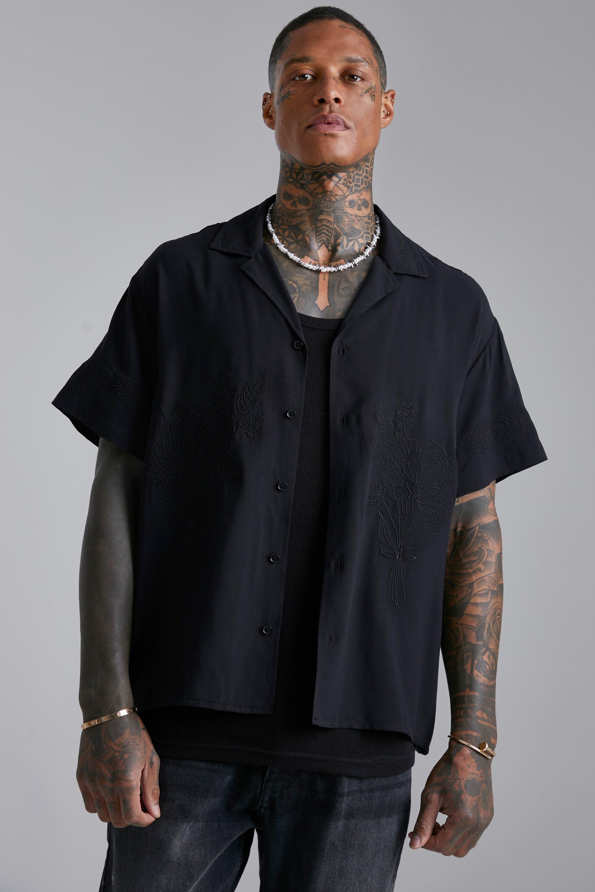 Boxy Floral Embroidered Viscose Revere Shirt | boohooMAN (US & CA)