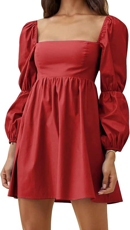 EXLURA Womens Square Neck Dress Long Puff Sleeve A-Line Casual Short Mini Dress | Amazon (US)