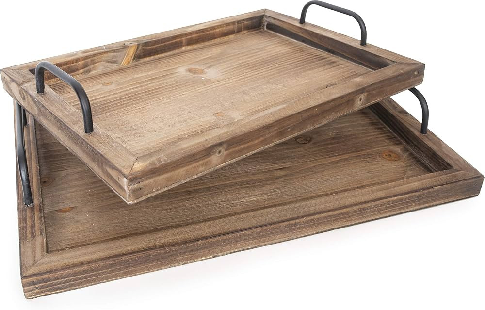 Besti Rustic Vintage Food Serving Trays (Set of 2) | Nesting Wooden Board with Metal Handles | St... | Amazon (US)