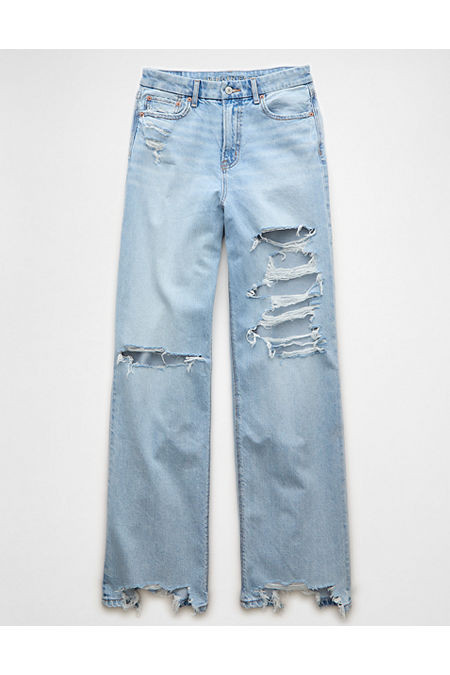 AE Strigid Curvy Ripped Super High-Waisted Baggy Straight Jean Women's Light Destroy Wash 12 Long | American Eagle Outfitters (US & CA)