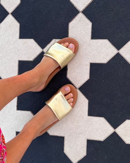 Gold metallic summer sandal slides   2023 . So comfortable and size up if between sizes 

#summersandals #sandals #slidesandals #goldsandals 

#LTKstyletip #LTKshoecrush #LTKU