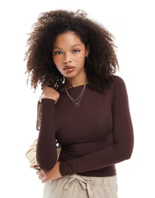 Miss Selfridge long sleeve slash neck top in chocolate brown | ASOS (Global)