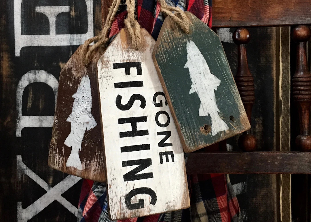 Wood Gone Fishing Sign, Rustic Lake House Decor, Fishing Gift, Distressed Tag Set, Log Cabin Deco... | Etsy (US)