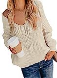 ZKESS Women's Off Shoulder V Neck Knit Sweater Solid Pullover Jumper Tops Oversize Knitted Sweaters  | Amazon (US)