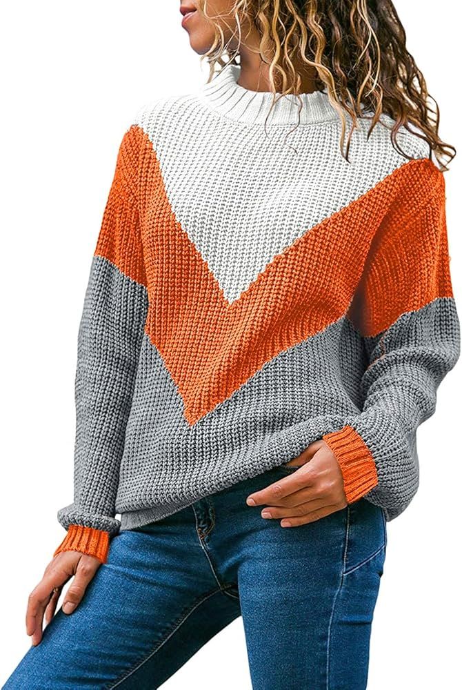 Alsol Lamesa Women's Pullover Sweaters Color Block Crew Neck Long Sleeve Casual Knit Sweater | Amazon (US)