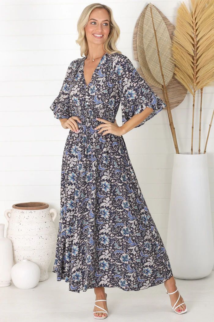 Alba Maxi Dress - Buttoned Bodie A Line Dress With Flute Sleeves In Lyra Print | Salty Crush