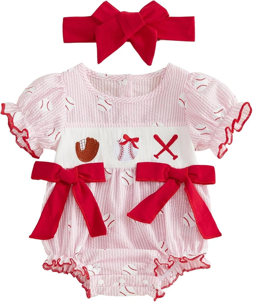 Newborn Baby Girl Baseball Clothes Baseball Embroidery Smocked Bubble Romper Short Sleeve Striped... | Amazon (US)