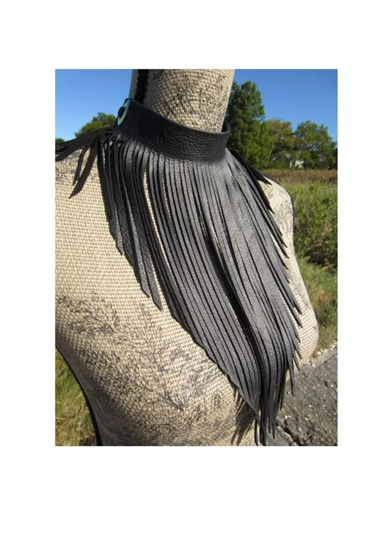 Long Leather Fringe Necklace,  Leather Jewelry Brown Bib Choker Neck Cuff Big Statement Piece L20... | Etsy (US)