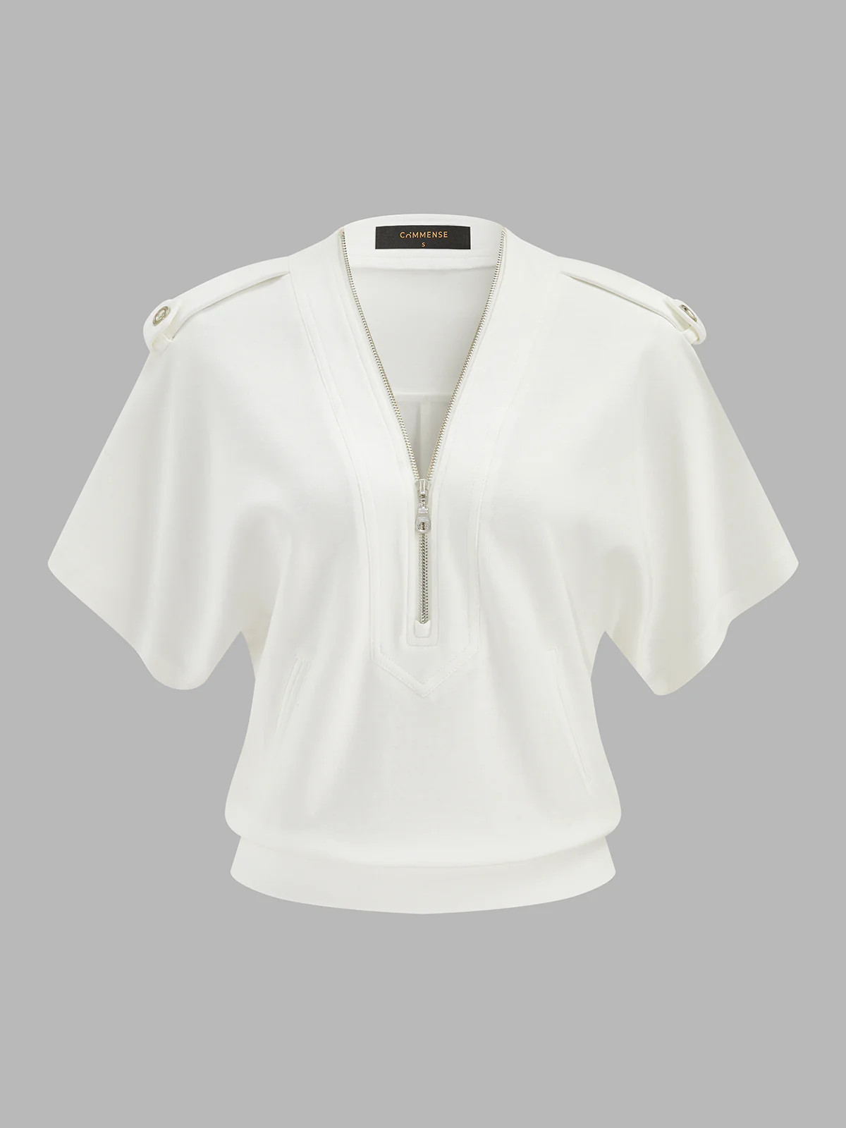 Epaulet Detail Half-Zip Short Sleeve Sweatshirt | Commense