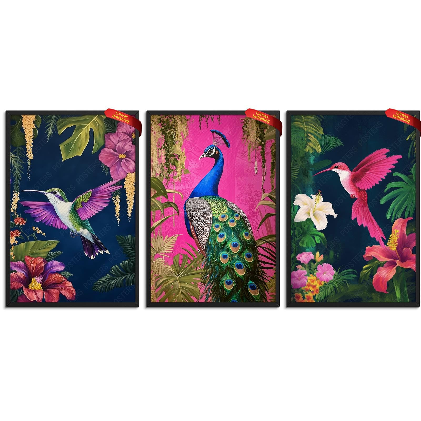 3Pcs Vibrant Tropical Bird Print Poster Dark Blue Hummingbirds & Hot Pink Peacock Jungle Room Wal... | Amazon (US)
